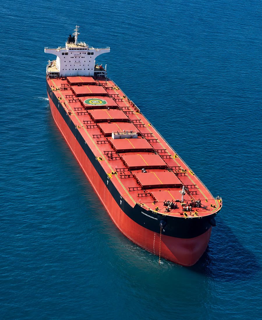 Aerial view of the nine hatch covers of a Capesize bulk carrier