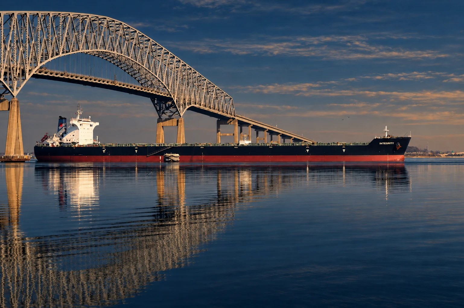 The Capesize bulk carrier Integrity passing beneath a steel arch bridge at sunset